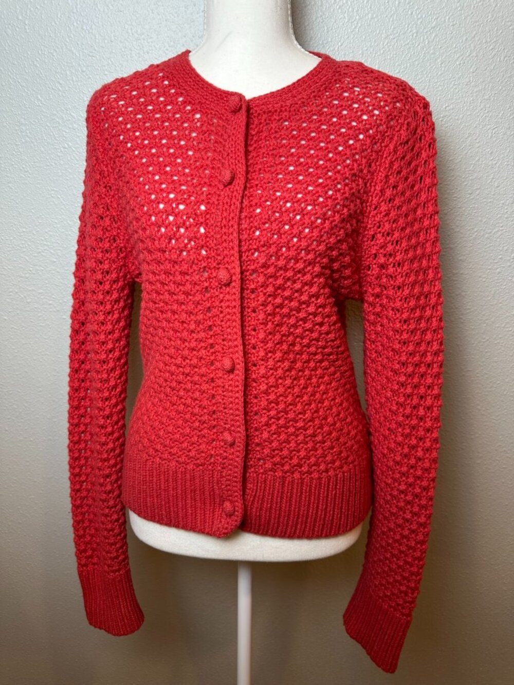 Vintage L.L. Bean Red Popcorn Knit Wool & Angora Cardigan